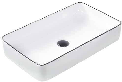 Lavabo sobre encimera baño clásico cerámica brillante blanco con borde negro rectangular 61 x 35 cm Xert