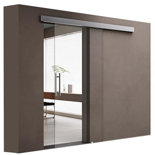 doporro Glasschiebetür Komplettset Softclose 90x205cm ESG Klarglas | 15mm Wandabstand | Schiebetür mit 8mm ESG-Sicherheitsglas | Zimmertür Glas mit Stangengriff | Amalfi-plus 20