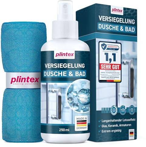 PLINTEX® Duschglas-Versiegelung für Dusche & Bad 250ml mit Lotuseffekt | Langanhaltende Nano-Glasversiegelung inkl. Mikrofasertuch für Glas, Fliesen, Armaturen, Keramik I Made in Germany