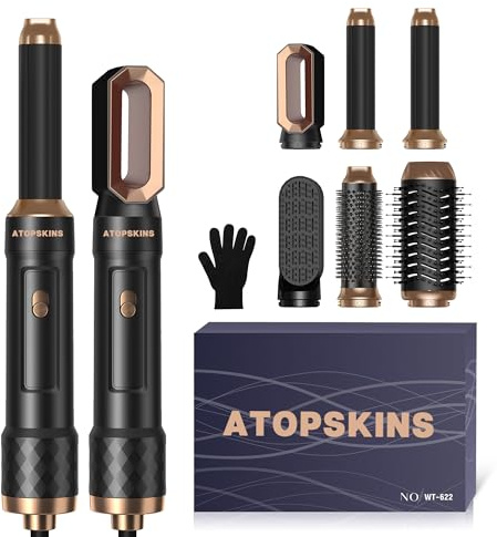 Air Styler Atopskins 6 in 1 Hairstyler set mit 1000W Haartrockner, Warmluftbürste, Föhnbürste, Rundbürstenföhn, Lockenstab, Glättbürste,für Haar Volumen, Glätten,Locken und Föhnen, Schwarz