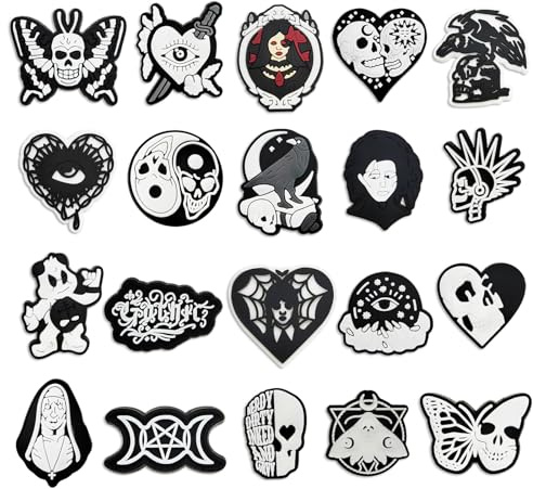 20 Pièces Charmes de Chaussures à Style Sombre, Noir Crâne Papillon Oeil Breloques de Chaussure pour Sandales Sabot Bracelets, EMO Goth Punk CLOG Charmes Breloques Accessoires pour Hommes Femmes