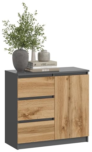 KUBUTKU Kommode Moderner Sideboard Mehrzweckschrank für Schlafzimmer Flur Wohnzimmer Büro (Grafit/Eiche Wotan, 80x97x40cm 1Türen 3Schubladen)