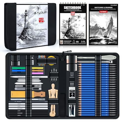 KALOUR - Juego de 113 piezas para dibujo, set profesional de bocetos con lápices de grafito y carboncillo, libro de bocetos de 3 colores, figura de madera, accesorios de arte en estuche para