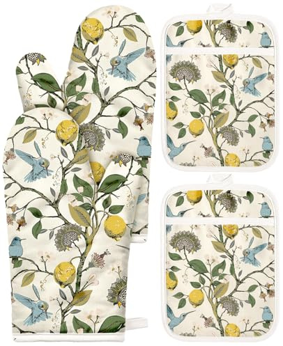 Miss Adola Cotton Oven Mitts and Pot Holders Sets - Quilted Lining Heat Resistant 4 Pieces Set with Hanging Loop Cute Farmhouse Boho Spring Kitchen Decor and Accessories, Lemon Bird