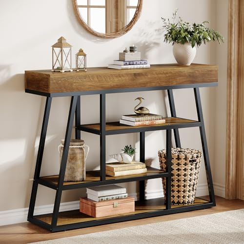 Tribesigns Konsolentisch Schmal, 4-stöckiger Eingangstisch, Sofatisch mit Stauraum Industrie Kompakter Flurtisch Hinter Couchtisch Für Wohnzimmer Foyer Flur, 105x30x85 cm Rustikal Braun