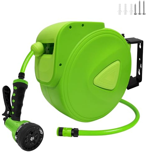 TATIVALO Väggmonterad slangbox 30 m – trädgårdsslangrulle med 9 sprayfunktioner, väggfäste 180° roterbar, PVC-slang 1/2 tum, hållbar och robust