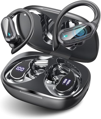 TRAUSI Wireless Earbuds Bluetooth Headphones, Bluetooth 5.3 Stereo Over Ear Buds,Noise Cancelling Mic, IPX7 Waterproof Headset for Workout/Running,Black