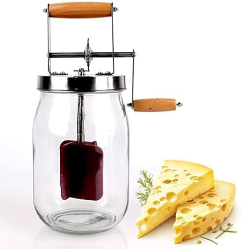 Batidora manual de mantequilla, batidora de mantequilla de manivela con tarro de vidrio y mango de madera para cocina y hornear, ideal para mantequilla casera