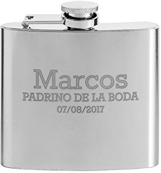 AMAVEL – Petaca de Acero Inoxidable – Personalizado con el Nombre y Fecha – Para Padrinos de Boda – Petaca para Testigos de Boda – Regalo Original para Hombres – Capacidad de 150 ml