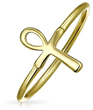 Bling Jewelry Minimalista De Oro De 14 Quilates Chapado En .925 De Plata Esterlina Nudillo Midi 1Mm Banda Apilable Ankh Cruz Símbolo Egipcio De La Vida Del Anillo