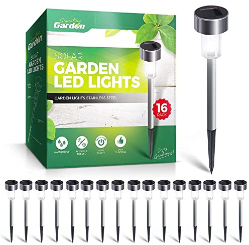 Signature Garden Mini Solar Stake Lights, Outdoor LED Garden Lights - Battery Lasts 10 Hours, Rust, Scratch & All-Weather Resistant, No Wire Installation (16 Pack, Silver)