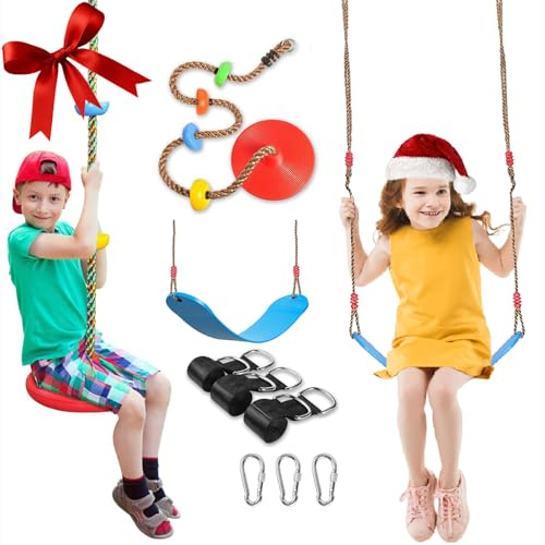 Bobibibo 2 Pack Swing Seats with Tree Climbing Rope, Multicolor Swings with Platforms - Outdoor Toys for Kids&Adults- Playground Backyard Swingset Accessories with 5Ft Strap and Snap Hook