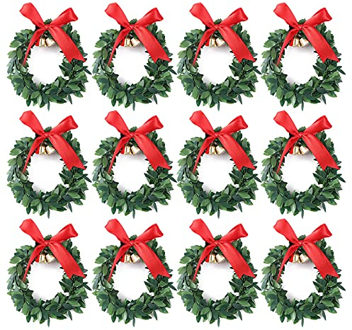 Goosacyon 12 Stück Weihnachtskerzenringe, 10,2 cm Mini-Weihnachtskränze mit dekorativen Glocken, grüner Kerzenkranz für Stumpenkerzenhalter, Weihnachtsfeiert-Tischdekorationen