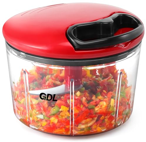 GDL Food Chopper, Pull Onion Chopper Dicer, Hand Powered Food Mincer, Fast Cutting Hand Chopper for Oinon, Garlic, Nut, 3.4 Cups 0.8L, Red