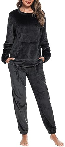 Vlazom Pigiama Donna Invernale Pigiami Due Pezzi Flanella Manica Lunga | Flanella Morbida e Calda, Grande Tasca Ventrale Pratica, Scollo Rotondo Comodo, Disponibile in Più Colori Tinta Unita