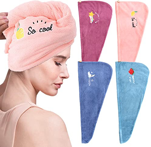 SPOKKI 4 Stück Mikrofaser Handtuch Haare Haarturban Turban Handtuch mit Knopf Super Saugfähig Schnelltrocknendes, Haircare Mikrofaser Haartuchwickel Handtuch Haarturban für Damen Kinder