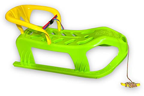 BUSDUGA 4022 Schlitten Grün 90cm mit Rückenlehne und Gurt, 2in1, Metallkufen, robuster Kunststoff, Zugseil