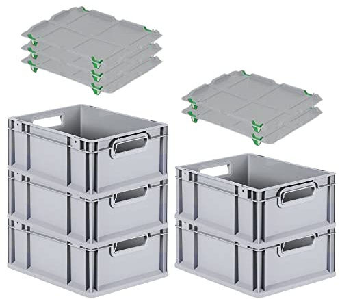 PROREGAL SuperSparSet 5x Eurobox NextGen Economy mit Auflagedeckel und 4x Schiebeschnappverschlüsse Grün, Griffe offen, HxBxT 17x30x40cm, 16L, Eurobehälter, Transportbox, Transportbehälter