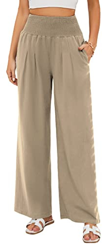 Famulily Women's Casual High Waisted Linen Trousers Straight Wide Leg Pants Khaki M