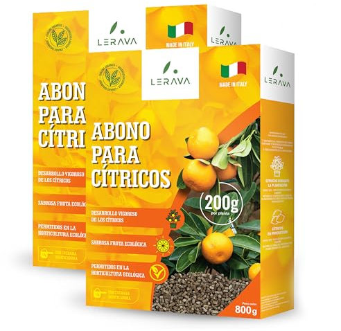 LERAVA Abono cítricos (2x800g) - Fertilizante orgánico para cítricos - Crecimiento vigoroso y frutas sabrosas - Ideal para macetas y jardín - Incluye vaso dosificador - 100% fabricado en Italia