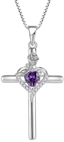 FJ Korskedja damer 925 sterlingsilver födelsesten kedja hänge med ros blomma smycken gåvor för kvinnor mor flickvän mamma, Sterlingsilver, Ametist