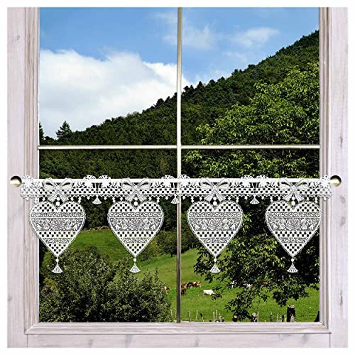 Feenhaus-Scheibenhänger Herz Annemarie Plauener Spitze in weiß-braun rustikale Kurzgardine mit Blüten im Landhaus-Stil 23 x 74 cm