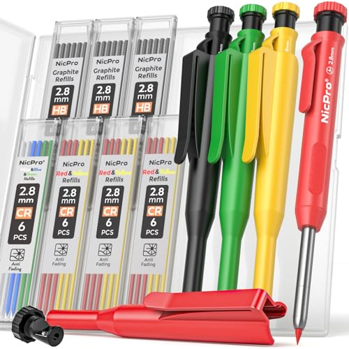 Nicpro 4 Stück Zimmermannsbleistifte mit Spitzer und Kappe, mechanische Tischlerbleistifte Set mit 52 Nachfüllminen, Tiefloch-Marker, Holzbearbeitungsbleistifte, robuste Baubleistifte für Architekten