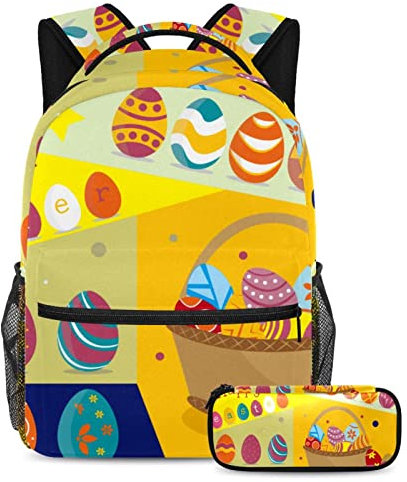 VAPOKF Ensemble de cartables pour adolescents, filles, garçons, étudiants, sac à dos avec trousse – Œuf de Pâques funky avec panier, multicolore, Taille unique, Ensembles de sacs d'école