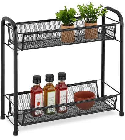 Relaxdays Scaffale Portaspezie a 2 Ripiani, Organizer da Tavolo da Cucina o Mensola Bagno per Make-Up, in Metallo, Nero, 40x44x17,5 cm