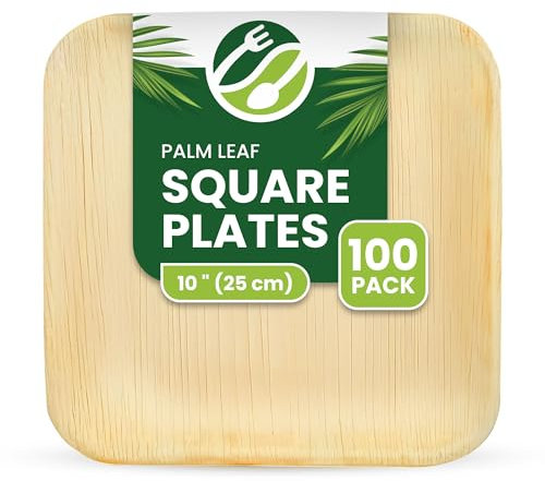 ECO Leaf 100 Disposable Palm Leaf Plates 10 (25cm) Large Square, Eco-Friendly, Biodegradable, Compostable, Durable, Oven Safe Bamboo Plates for Hot Food, Weddings, Picnics, and Parties