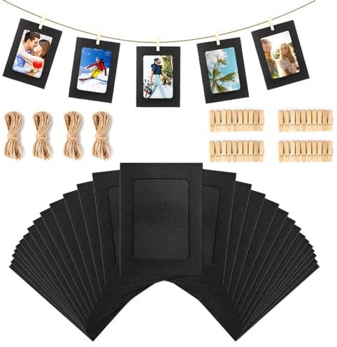 qhklew 30 Pezzi Cornice per Foto in Carta Kraft, Cornici di Carta Kraft con Clip in Legno e Corda da Appendere, 6 x 4 Inch Cornici Portafoto in Cartone per DIY Sospesa Decorazione, Nero