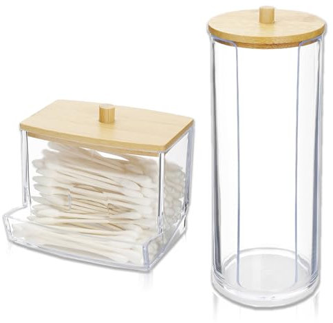 UMIUP 2 Stk Wattestäbchen Halter, Cotton Pad Holder with Bamboo Lids, Wattepad Aufbewahrungbox mit Bambusdeckel, Transparent Kosmetik Organizer Spender für Wattestäbchen, Wattepads, Zahnseidepicks