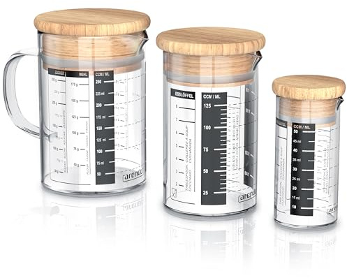 Arendo - Glasbehälter Set aus Borosilikatglas - Größen 250ml, 125ml, 50ml (0,25l 0,125l 0,05l), Messbecher Glas Krug - hitzebeständig - Glasbehälter mit Bambusdeckel - Silikondichtung