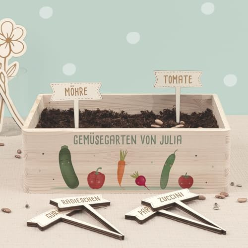 Personalisiertes Saatgut Anzuchtset für Kinder, Mini Gärtner Starter Kit, Garten Holzkiste, Gemüsegarten für Kinder, Kräutergarten, Blumengarten (Gemüsegarten, S (30x20x10cm))