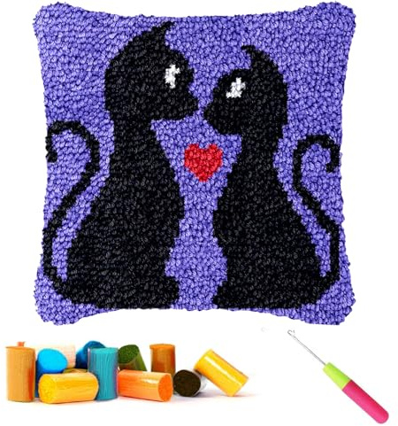 CCWORAN Cat Latch Hook Kits for Adults Cushion Beginners Cover Making Crochet Animal Craft Kits Pre Printed Canvas Wool Yarn Hobbies DIY Sofa Home Decor Women Gift Black 11