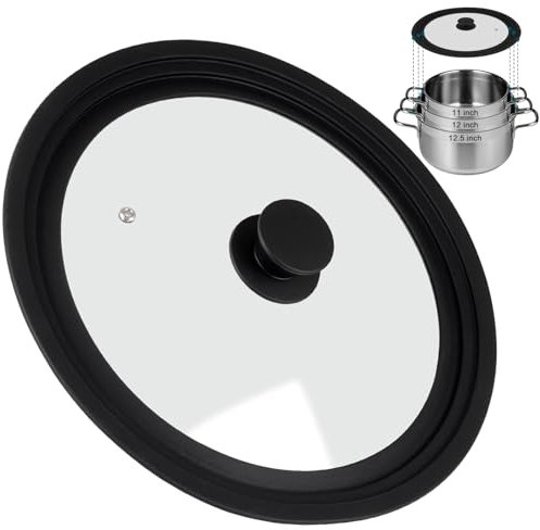 Universal Silicone Lid for Frying Pans, Pots and Skillets, Tempered Glass Pan Lid with Heat Resistant Silicone Rim, Fits 28 CM & 30 CM & 32 CM Diameter Cookware(Black)