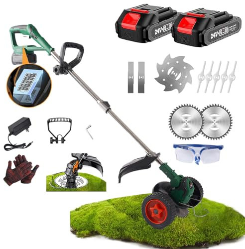 Decespugliatore Elettrico Batteria Con 4 Tipi Di Lame, Tagliaerba Elettrico A Ruote Opzionale Con 2 Batterie, Maniglia A Scomparsa E Rotazione Della Testa Di 90° (Ha le ruote)
