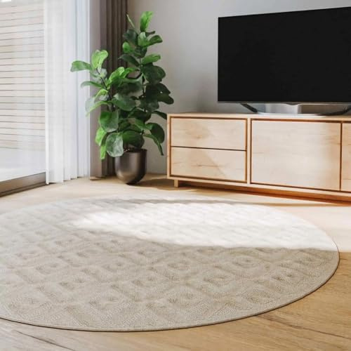 benuta Basic Teppich Leo - Creme 160 cm rund - Abstrakter Relief-Teppich für Wohnzimmer, Schlafzimmer & Flur - Pflegeleicht - Fußbodenheizung Geeignet