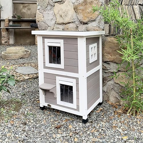 2-stöckiges Katzenhaus für Draußen, Katzenwohnung, Wetterfester Lebensraum, Unterschlupf für Wildkatzen, mit Zu Öffnendem Dach, Katzengehege für Draußen
