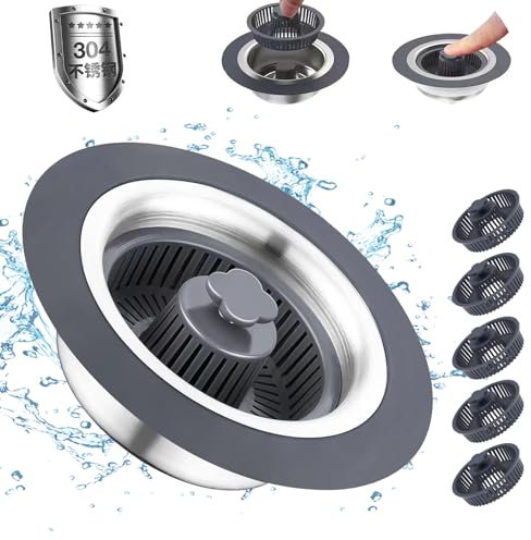 3 in 1 Kitchen Sink Drain Strainer and Stopper Combo, Pop Up Kitchen Sink Stopper with 5 Replaceable Filter, Anti-Clog Kitchen Sink Bounce Core Strainer Basket Filter for Standard 3-1/2 Inch Drain