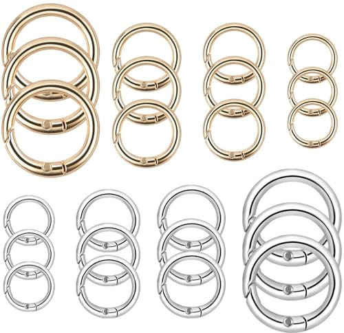 24 Stück Mini Karabiner Rund Karabinerhaken 13/16/19/25mm Klein Schlüsselring Keyring Federspaltringe Taschenringe O-Ring Zinklegierung für Taschen Bastelarbeiten Handwerk Machen Anhänger Gold Silber