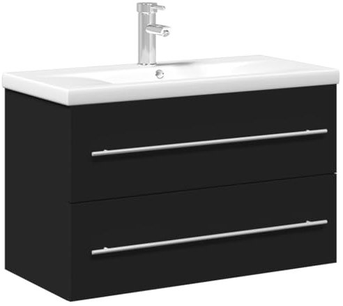 vidaXL Vanity Unit with Built-in Basin, Sink Cabinet with Lots of Storage Space, Washbasin Wall Mounted with Overflow, Bathroom Furniture, Black