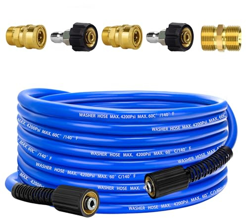 Pressure Power Washer Hose 30 FT x 1/4, Super Flexible Kink Resistant Car Washer Replacement with M22 Fittings & 3/8 Quick Connect Adapters for Ryobi Troy Bilt Flexzilla Greenworks & More, 4200PSI