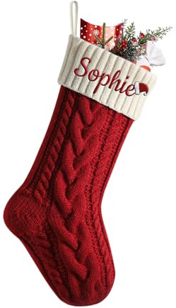Weihnachtsstrumpf Personalisiert Name Nikolausstiefel, Nikolausstrumpf 18”große gestrickte Christmas Stockings hängende Weihnachtsstrümpfe Party Feiertags Weihnachten,Rot(Körper)/ Elfenbein (Mund)