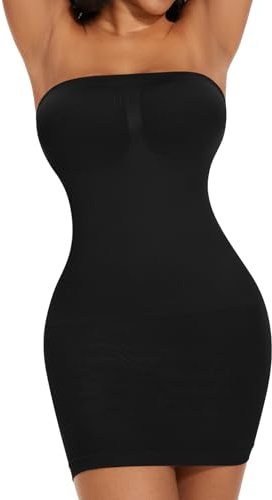 ONEW Robe gainante pour femme - Sans coutures - Bandeau - Sous-robe gainante - Slip intégral avec bretelles spaghetti amovibles, Noir , M