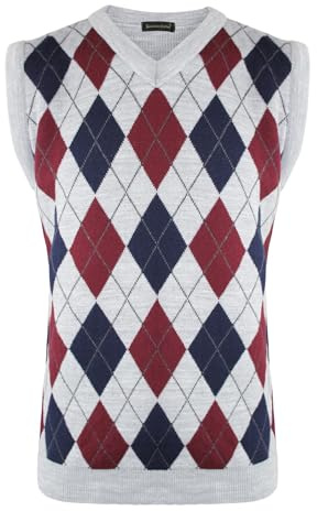 Generation Fashion New Men Knitted V-Neck Argyle Pattern Sleeveless Jumper Top Sweater Vest with Ribbed Edge[Silver-Wine,XXL]