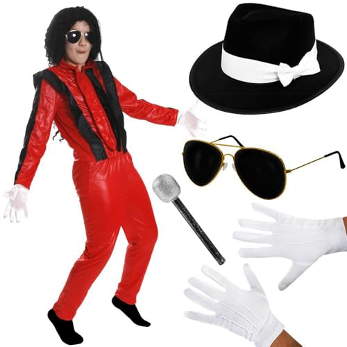 Costume roi de la pop Veste et pantalon rouge et noir, chapeau Fedora noir, lunettes de soleil, gants, microphone Déguisement musical des années 80 pour Halloween