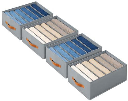Homsorout Schrank Organizer Kleiderschrank - Aufbewahrungsboxen Stoff mit Griffen, 36 x 27 x 17 cm Faltbarer Schubladen Organizer, 4er Set Storage Boxes für Kleidung, BHs, Jeans, Socken, Grau