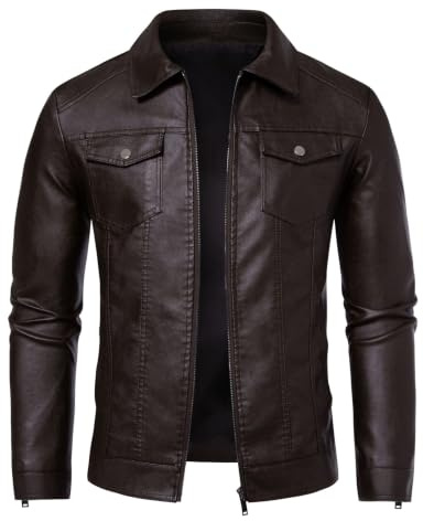 Zbrandy Leather Jacket Men Faux Leather Jackets Mens Moto Biker Coat Outwear Windproof Brown L