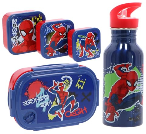 Marvel Spiderman Lunchset für Kinder – 5-teilig mit Brotdose, 3 Snackboxen & Trinkflasche – Blaues Set mit Spider-Man Motiv – Perfekt für Schule, Kindergarten & Ausflüge